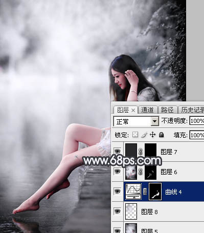 Photoshop使用图层样式打造唯美的古典淡蓝色树林人物图片