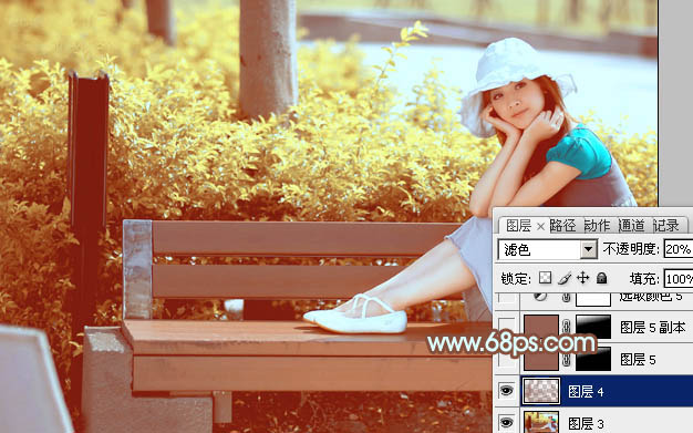 Photoshop为坐在公园椅子上的美女图片增加流行的韩系黄褐色