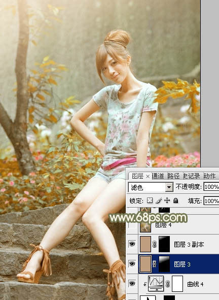 Photoshop为石阶上的美女加上柔和的红褐色