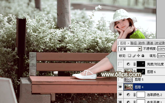Photoshop为公园中的美女调制出怀旧的褐绿色