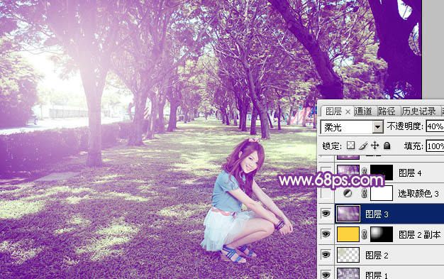 Photoshop为树林下草中的美女调制出淡美的黄紫色