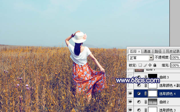 Photoshop将荒草中的美女加上清新的韩系秋季色