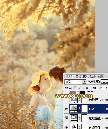 Photoshop将树林情侣图片增加上柔和秋季粉黄色
