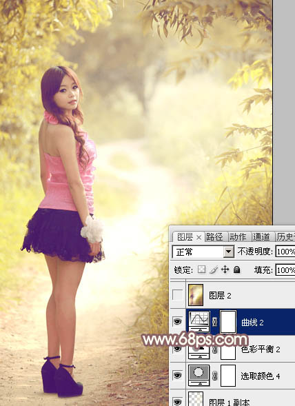 Photoshop为树林小路上的美女调制出唯美的秋季淡暖色
