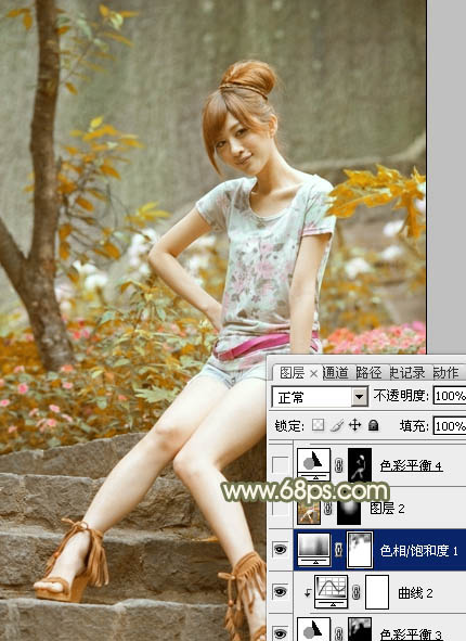 Photoshop为石阶上的美女加上柔和的红褐色