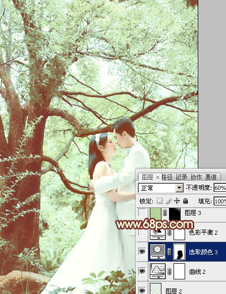 Photoshop将树林婚片调制出柔和的淡绿色