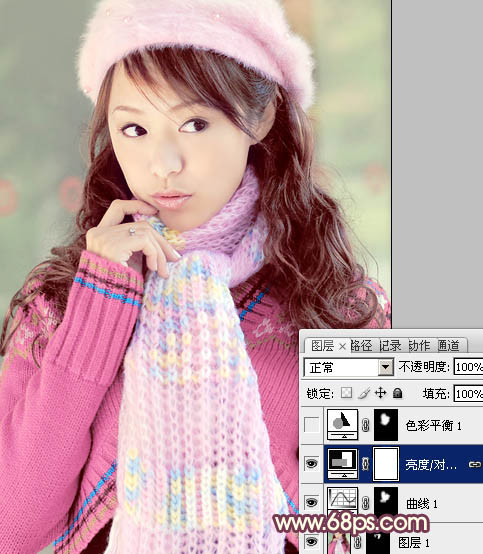 Photoshop将冬季美女图片加上淡紫蜜糖色效果