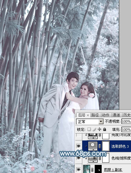 Photoshop为竹林婚片调制出梦幻复古的淡调青蓝色