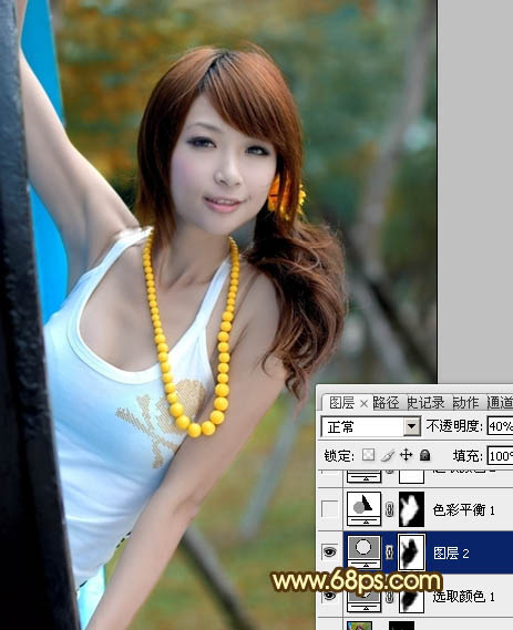 Photoshop将公园美女图片调制出甜美的青红色效果