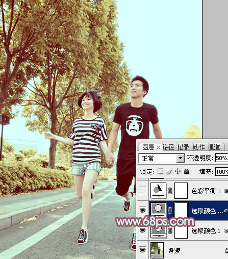 Photoshop为马路上奔跑的情侣图片调制出清爽的青黄色