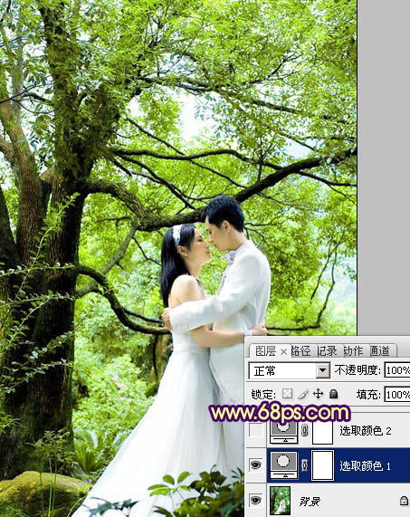 Photoshop为树林婚片加上柔和的黄绿色效果教材