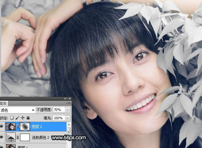 Photoshop将绿色背景美女图片打造出非常干净的中性色效果