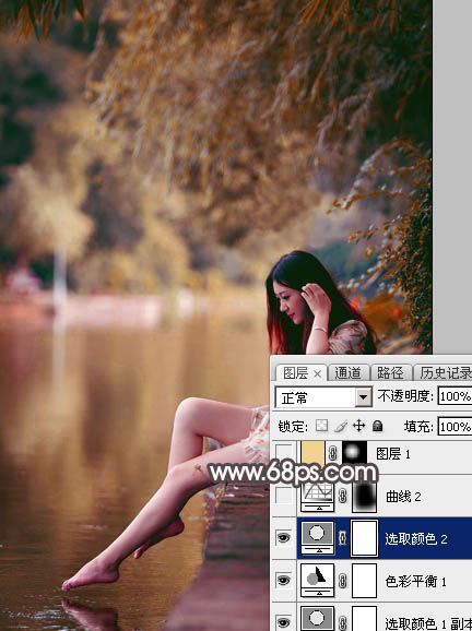 Photoshop将水边的美女增加暗调红褐色