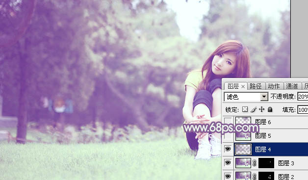 Photoshop将树林旁边草地上的美女图片增加柔和的绿紫色