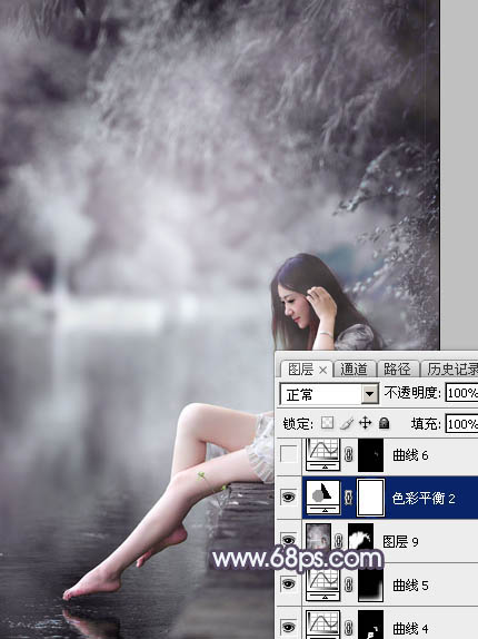 Photoshop将湖景美女图片打造出个性的中性暗蓝色