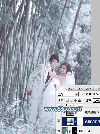 Photoshop为竹林婚片调制出梦幻复古的淡调青蓝色