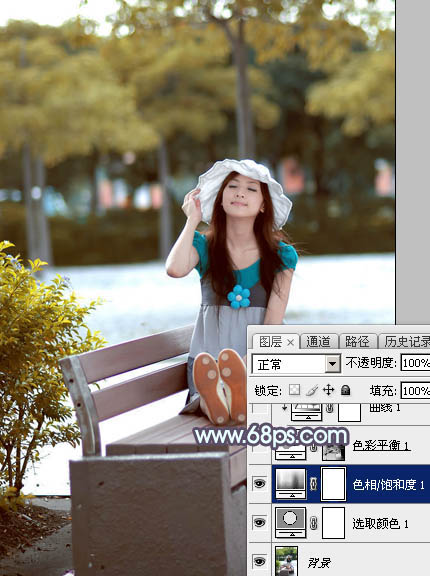 Photoshop给公园长凳上的美女调制出秋季蓝黄色