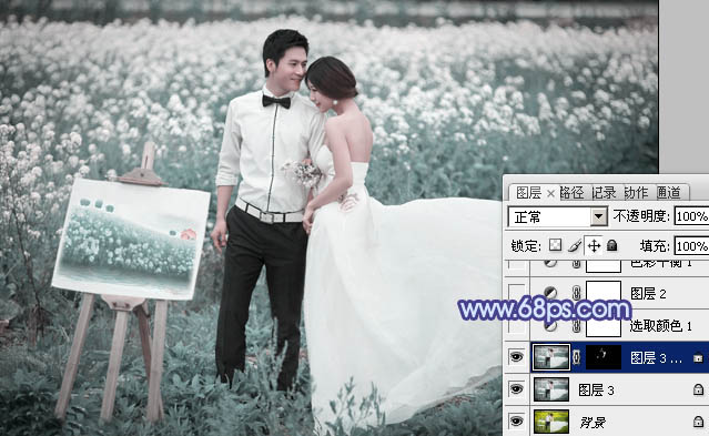 Photoshop将油菜花婚片打造出梦幻的蓝色效果
