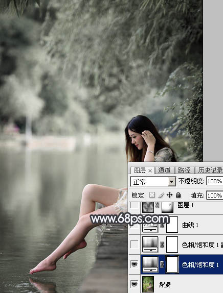 Photoshop使用图层样式打造唯美的古典淡蓝色树林人物图片