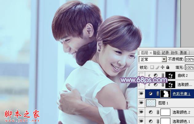 Photoshop将室内情侣图片调制出流行的韩系淡蓝色