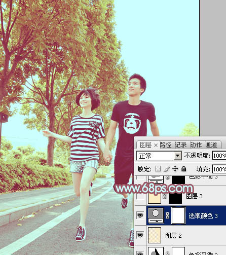 Photoshop为马路上奔跑的情侣图片调制出清爽的青黄色