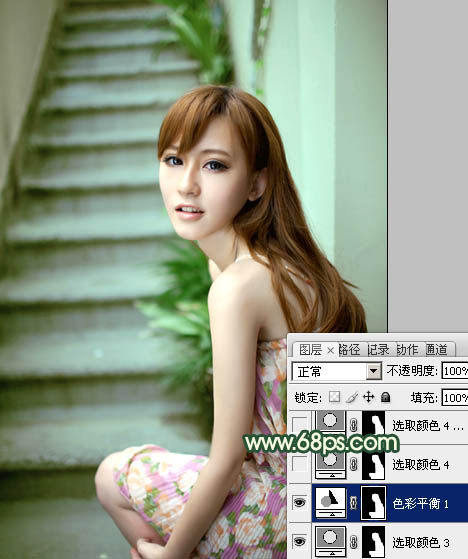 Photoshop将楼梯边美女图片调制出甜美的青绿色效果