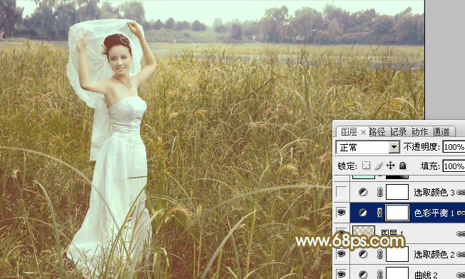 Photoshop将芦苇中的美女图片增加流行的青黄色效果