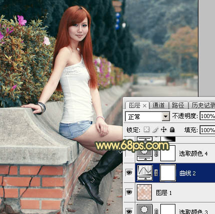 Photoshop为路边的美女加上暗调青黄色霞光色