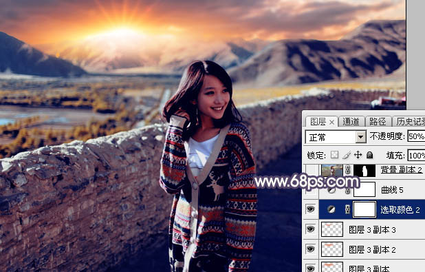 Photoshop将高原山区人物图片调至出灿烂的霞光色