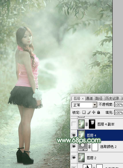 Photoshop为林间路上的美女添加梦幻的冷色绿色调