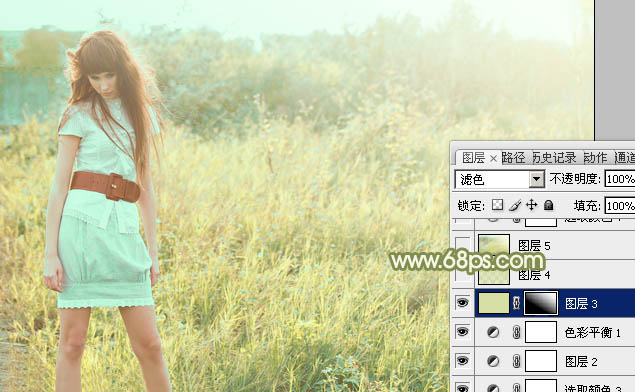 Photoshop将草地人物图片增加淡美清新的青黄色