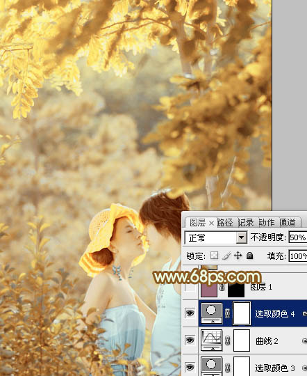 Photoshop将树林情侣图片增加上柔和秋季粉黄色