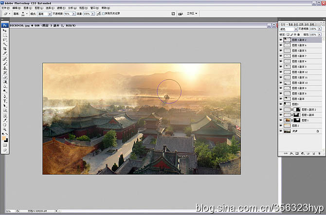Photoshop将给古建筑图片加上朦胧的霞光烟雾效果效果