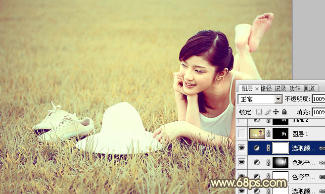 Photoshop为草地美女图片调制出柔和的粉黄色效果