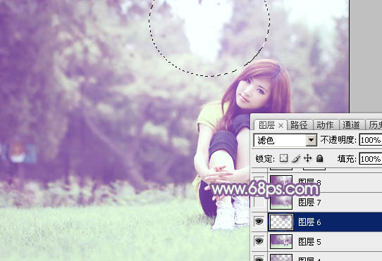 Photoshop将树林旁边草地上的美女图片增加柔和的绿紫色