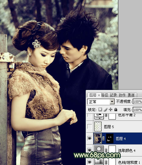 Photoshop给外景情侣图片调制出古典青黄色效果