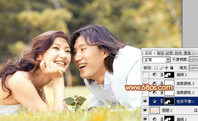 Photoshop将草地上的情侣图片增加上暖暖的棕黄色