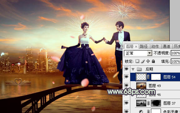 Photoshop合成制作站在拱桥上的华丽夜景婚片