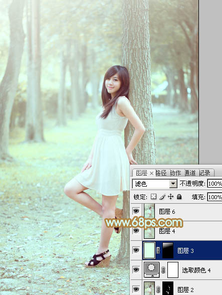 Photoshop将树林美女图片调制出柔和淡雅的黄绿色