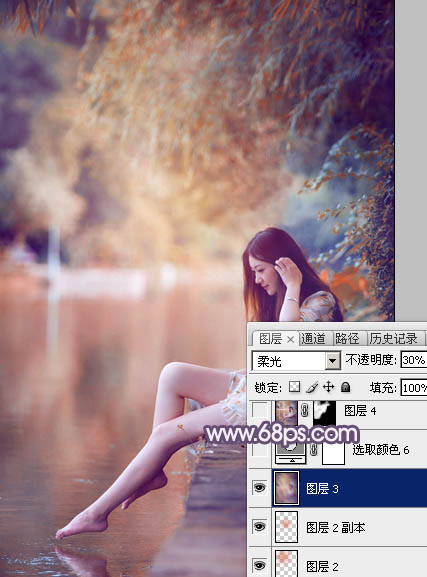 Photoshop将湖景美女图片打造出冷暖对比的冷调蓝紫色