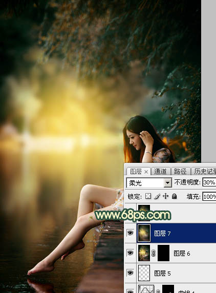 Photoshop将水塘边的美女增加暗调黄青色