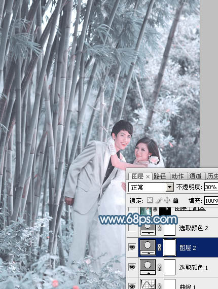 Photoshop为竹林婚片调制出梦幻复古的淡调青蓝色