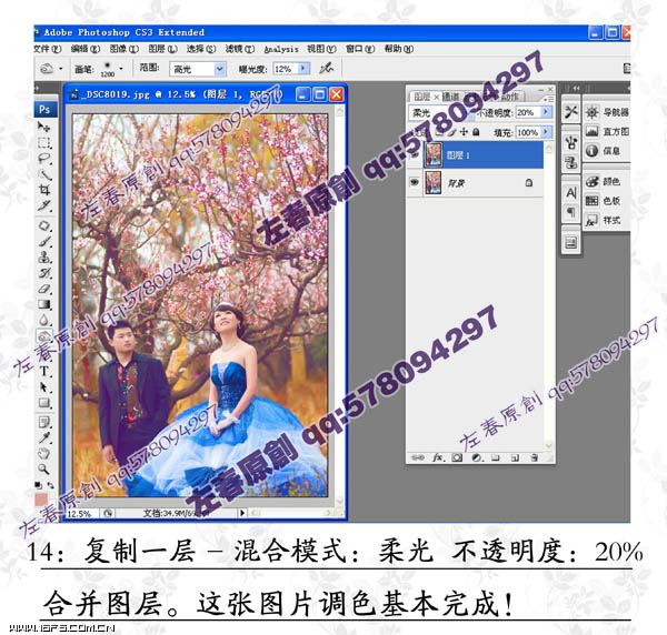 Photoshop将阴沉的桃林婚片调制成阳光色彩效果