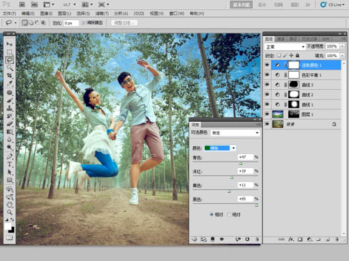 Photoshop将泛白的树林人物图片调制出蓝色天空效果