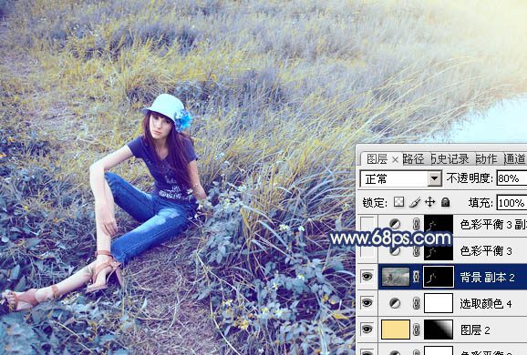 Photoshop将池塘边的人物图片调制成梦幻的蓝黄色效果