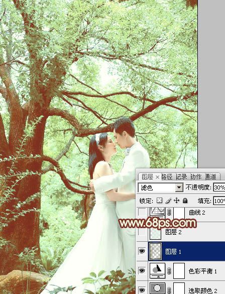 Photoshop将树林婚片调制出柔和的淡绿色