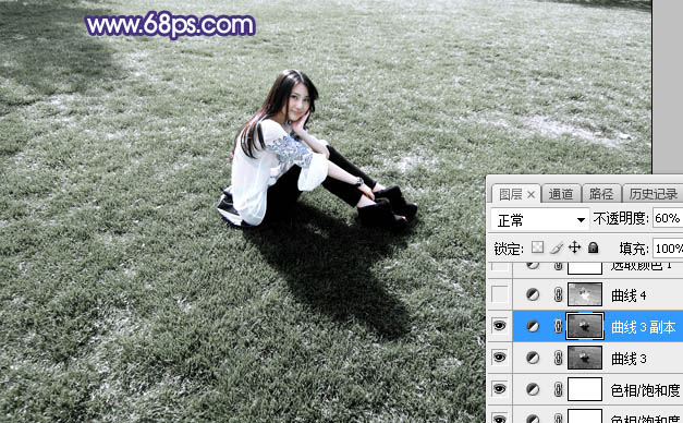 Photoshop将草地人物图片打造出小清新的中性淡蓝色