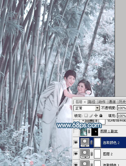 Photoshop为竹林婚片调制出梦幻复古的淡调青蓝色