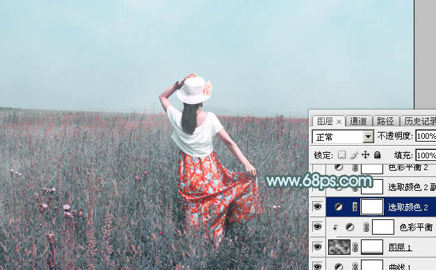 Photoshop为花丛中的美女图片打造柔美的中性淡青色