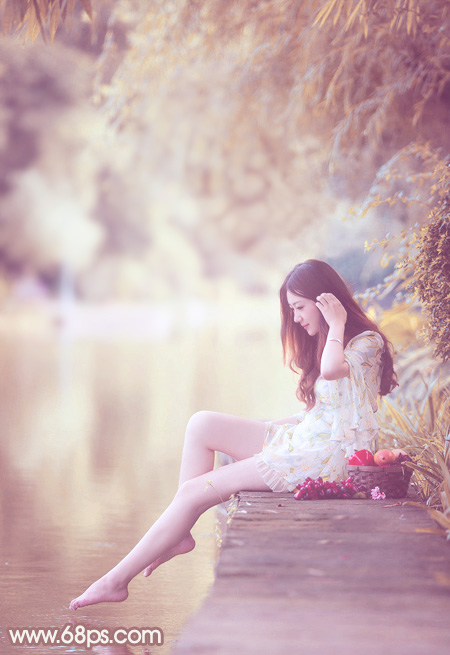 Photoshop将河塘边的美女加上唯美的红褐色